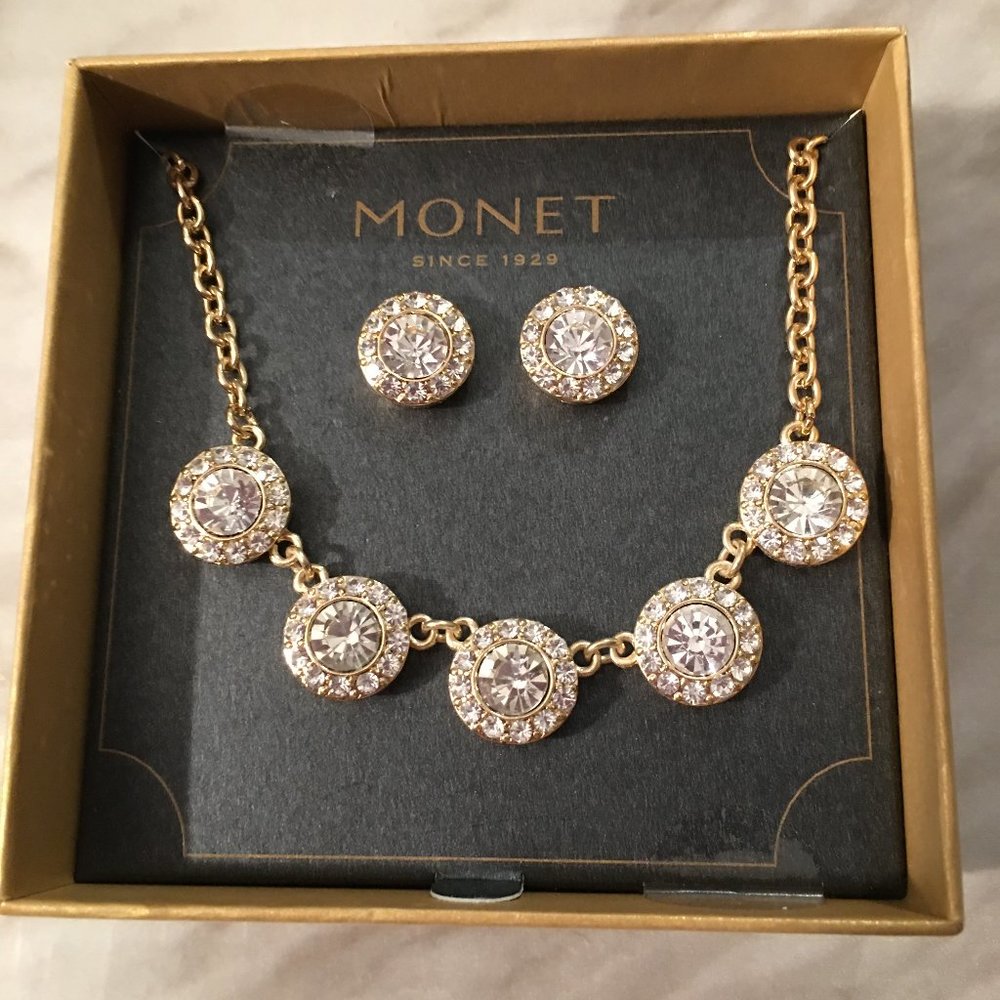 Monet Necklace & Pierced Earrings Set NEW Faux Diamonds - Costume Jewelry